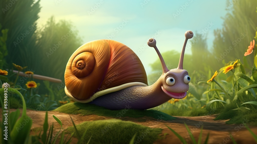 Poster a cartoon snail is smiling in the middle of a field. generative ai