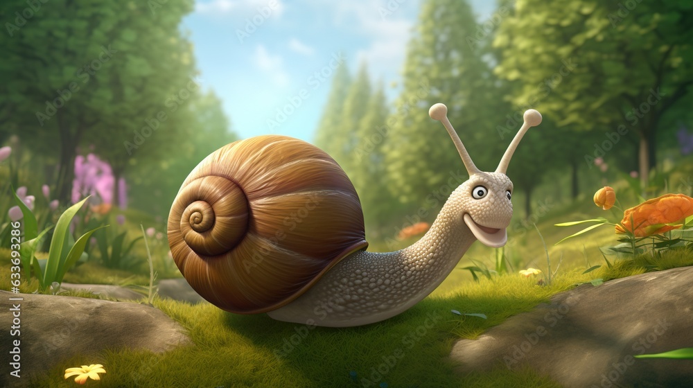 Poster a snail with a funny look on its face in a forest. generative ai