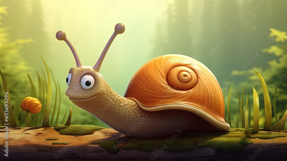 Poster a cartoon snail with a surprised look on its face sitting in the grass. generative ai
