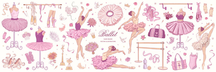 Hand drawn sketch ballet set. Vector illustration of ballerina and ballet studio elements isolated on background - obrazy, fototapety, plakaty