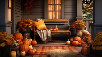  a porch filled with lots of pumpkins and a bench.  generative ai - obrazy, fototapety, plakaty