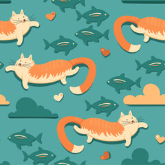 Seamless pattern cat with fish in the clouds. Turquoise background.