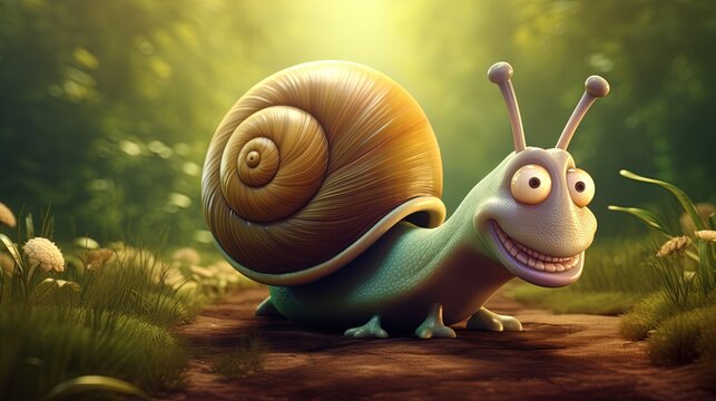  a snail with a smile on its face is sitting on a dirt road.  generative ai