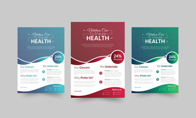 Medical and health multi purpose flyer set of 3 gradient colors. Most unique curvy and geometric shapes, background image, and layout.A4 size. Blue, sky blue, red, green, neon.