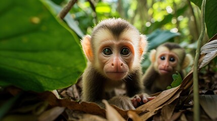  a couple of monkeys sitting on top of a lush green forest.  generative ai