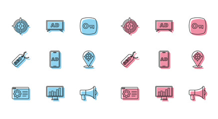 Set line Browser setting, Monitor with graph chart, Target, Megaphone, Advertising, SEO optimization and icon. Vector