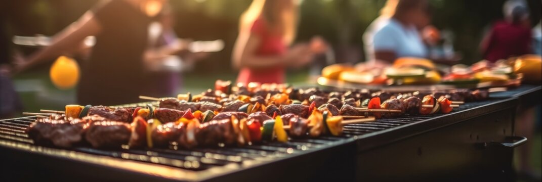 Barbecue grill, Close up of vegetables and beef cooking on barbecue.