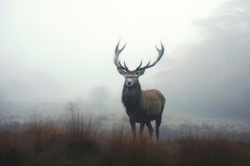 Stag Grazing in Early Morning Mist