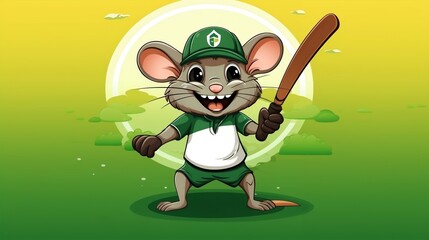 A cute mouse Sports Mascot flat illustration wearing a baseball uniform and playing baseball generative ai