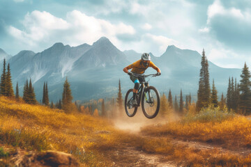Fototapeta na wymiar Adventurous Biker Soaring Over Majestic Mountains