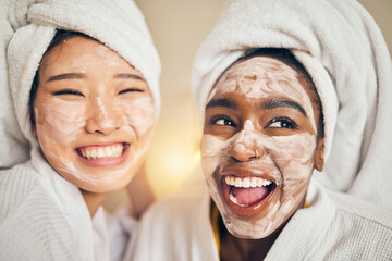 Skincare, face and women friends in a bedroom with mask, application and spa day bonding in their...