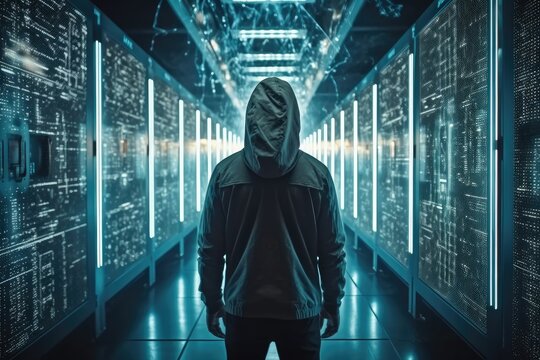 Hacker standing among illuminated servers, Social problems.