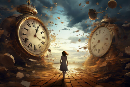 Surreal scene of woman in front of huge clock. Time passing, life, achievement, destiny concept. AI generative, illustration.