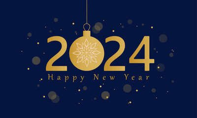 2024 new year background, poster, with christmas ball, confetti and bokeh effect
