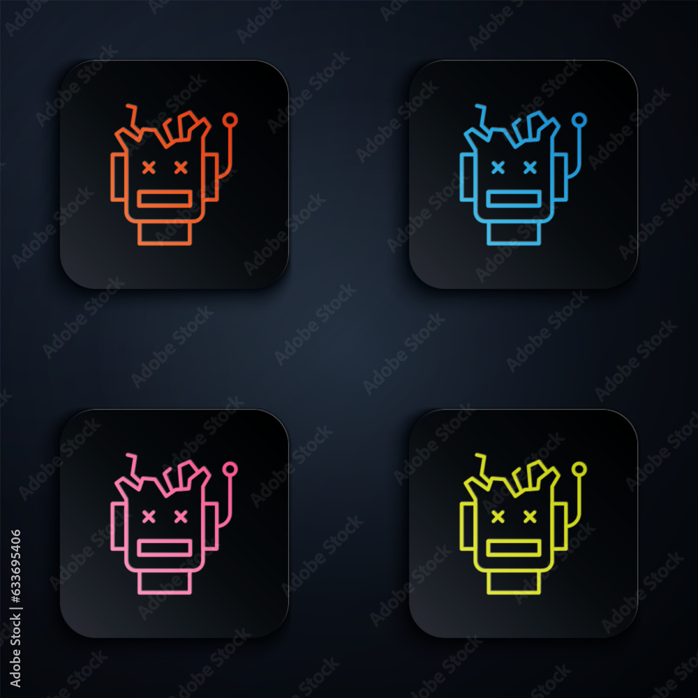 Poster color neon line broken robot icon isolated on black background. artificial intelligence, machine lea