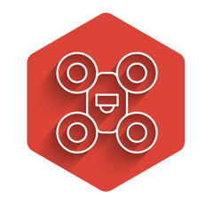 White line Drone flying icon isolated with long shadow. Quadrocopter with video and photo camera symbol. Red hexagon button. Vector