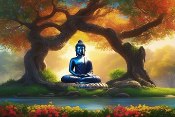 buddha in the garden with tree and lotus