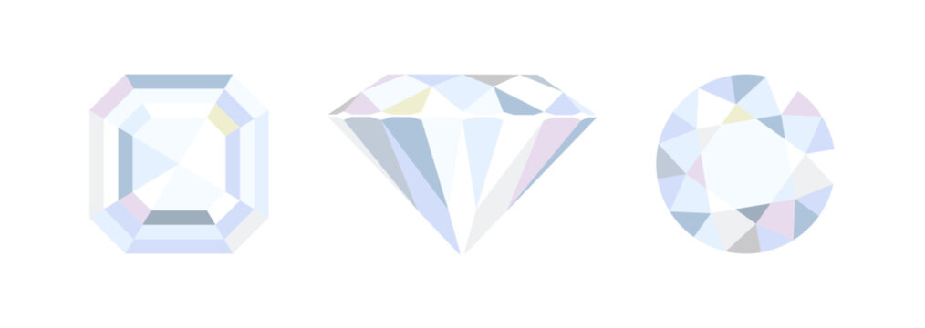 Set of faceted diamonds. Three gems of different shapes. Vector cartoon flat illustration.