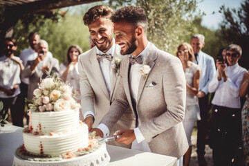 Happy smiling joyful satisfied gay couple cutting the cake at lgbt wedding ceremony