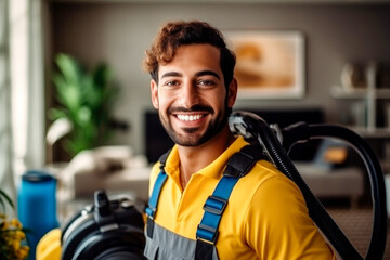 Portrait of a smiling joyful handsome man cleaner wearing uniform - obrazy, fototapety, plakaty