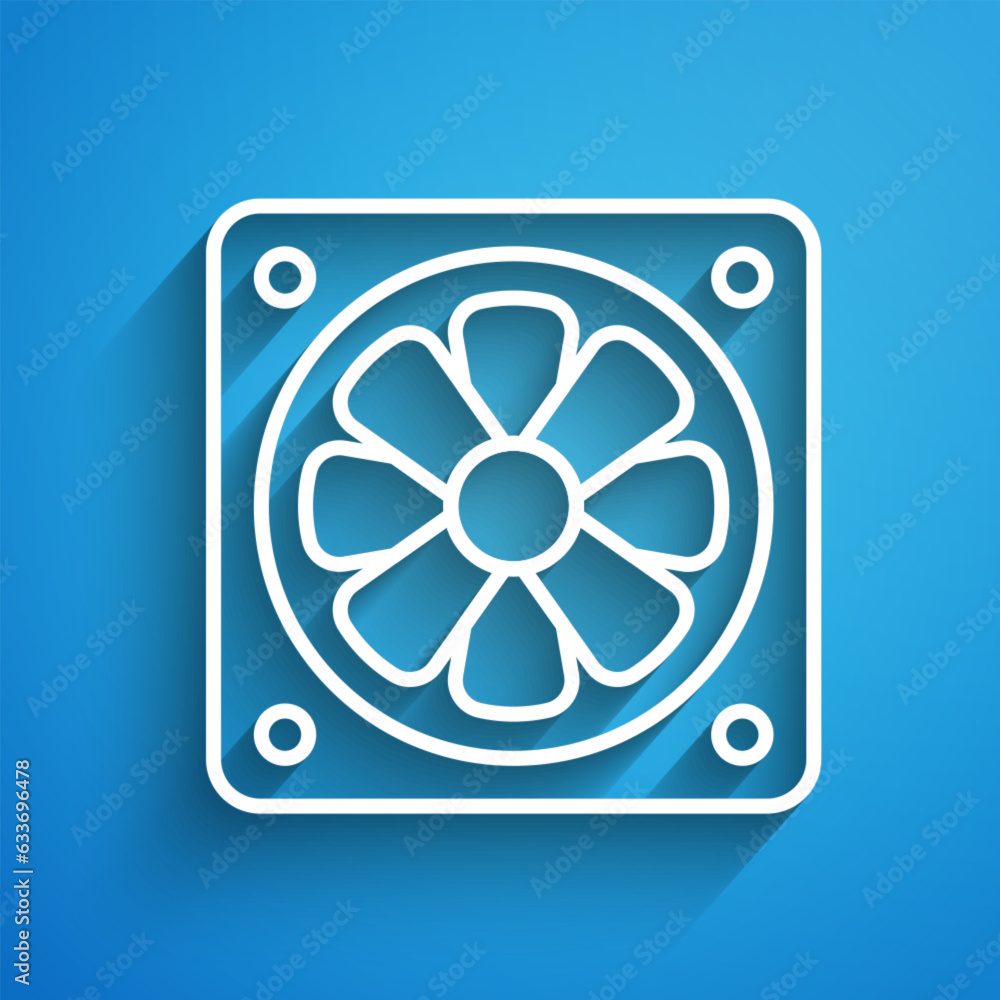 Poster white line computer cooler icon isolated on blue background. pc hardware fan. long shadow. vector