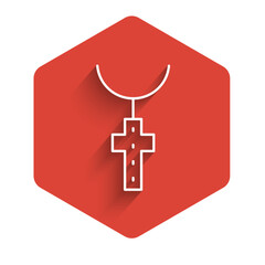 White line Christian cross on chain icon isolated with long shadow background. Church cross. Red hexagon button. Vector