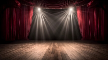 Stage with opened luxury curtain and light in the midle - obrazy, fototapety, plakaty