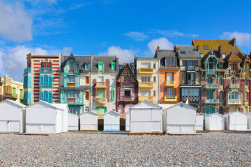 Typical facades on the seaside of Mers-les-Bains, limit of Hauts-de-France and Normandy. France - obrazy, fototapety, plakaty