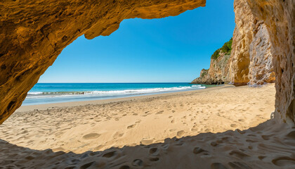 View from the cave a sandy beach along the ocean