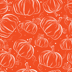 Seamless vector drawing with pumpkins. Hand drawn doodles. Orange color wallpaper. Botanical print on fabric, wrapping paper. Fall harvest, mid fall celebration.
