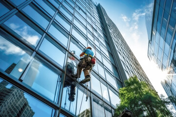 Window washer cleaning high office building glass