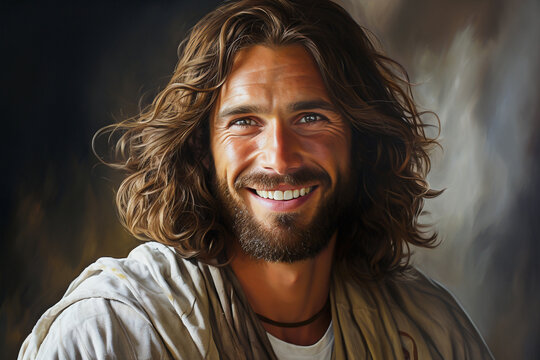 portrait of jesus christ smiling and looking at camera. Catholicism in religion in christmas