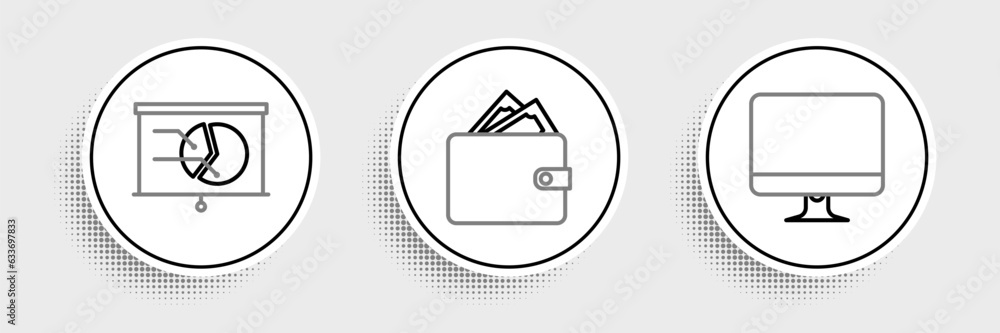 Poster set line computer monitor screen, board with graph chart and wallet stacks paper money cash icon. ve