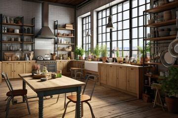 Fototapeta na wymiar Modern stylish loft kitchen interior with big windows