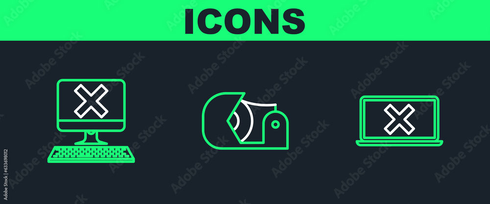 Poster set line laptop and cross mark on screen, computer with keyboard x and scotch icon. vector