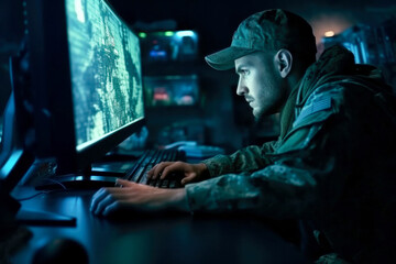 Military surveillance officer tracking operation in a central office hub for cyber control. Monitoring for managing national security, army communications