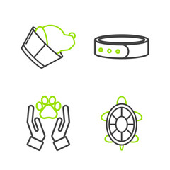 Set line Turtle, Hands with animals footprint, Collar name tag and Veterinary clinic symbol icon. Vector