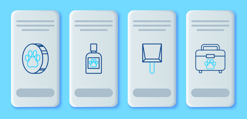 Set line Dog medicine bottle, Dustpan, Paw print and Pet first aid kit icon. Vector
