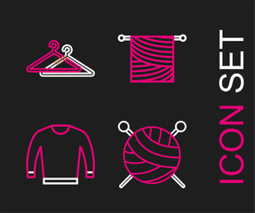 Set line Yarn ball with knitting needles, Sweater, Knitting and Hanger wardrobe icon. Vector