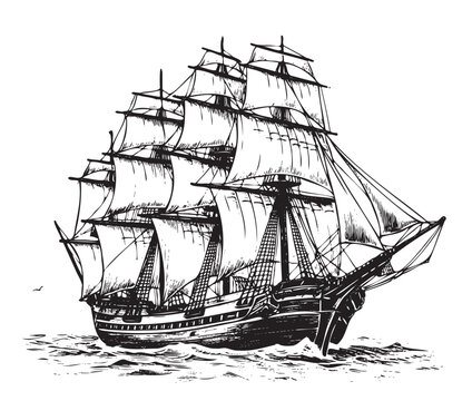 recommend clip art: Retro pirate ship sketch hand drawn nautical theme Vector