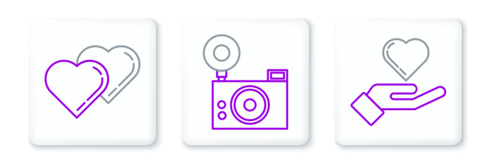 Set line Heart on hand, Two Linked Hearts and Photo camera icon. Vector
