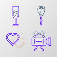 Set line Cinema camera, Two Linked Hearts, Flower rose and Glass of champagne icon. Vector