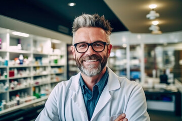 Portrait of a smiling handsome joyful mature pharmacist man in pharmacy store