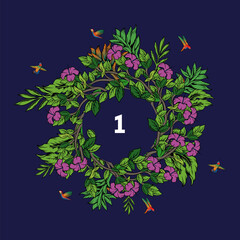 Círculo de flores, flores, número, pájaros, colibrí, plantas, vegetación, anillo de flores, primavera. © cristian