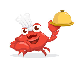 Crab Wear Chef Hat Hold Food Tray. Seafood Restaurant Mascot Symbol Cartoon illustration Vector