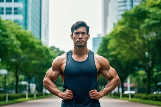 Сonfident beautiful strong handsome muscular chinese man during sportive workout outdoors