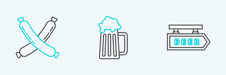 Set line Street signboard with inscription Beer, Crossed sausage and Wooden beer mug icon. Vector