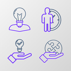Set line Piece of puzzle in hand, Light bulb, Time Management and Human head with lamp icon. Vector