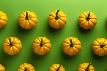 orange pumpkins on a green background. halloween and holiday card. vegetables and autumn harvest.