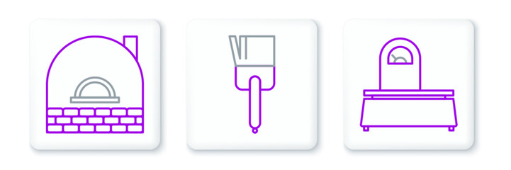 Set line Scales, Brick stove and Kitchen brush icon. Vector